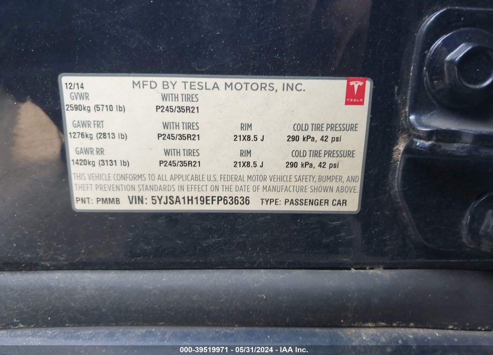 2014 TESLA MODEL S P85 VIN: 5YJSA1H19EFP63636