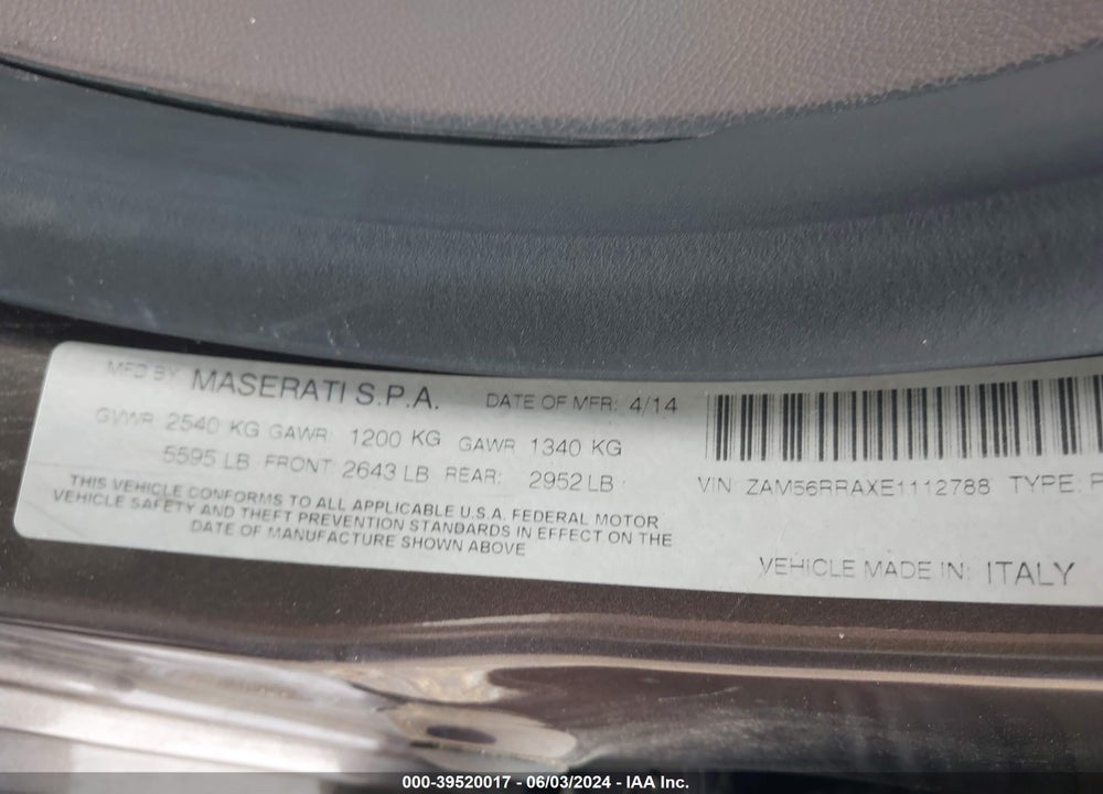 2014 MASERATI QUATTROPORTE S Q4 VIN: ZAM56RRAXE1112788