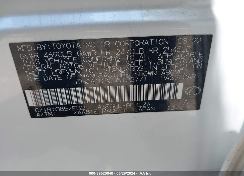 2022 LEXUS IS 300 VIN: JTHCA1D26N5122771