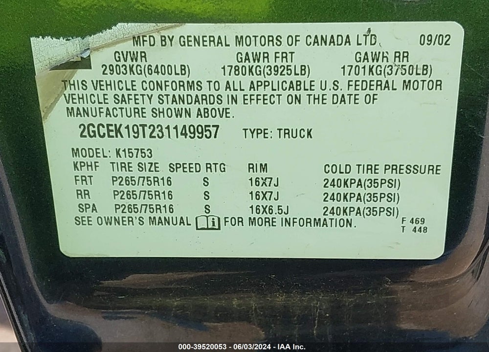 2003 CHEVROLET SILVERADO 1500 LS VIN: 2GCEK19T231149957