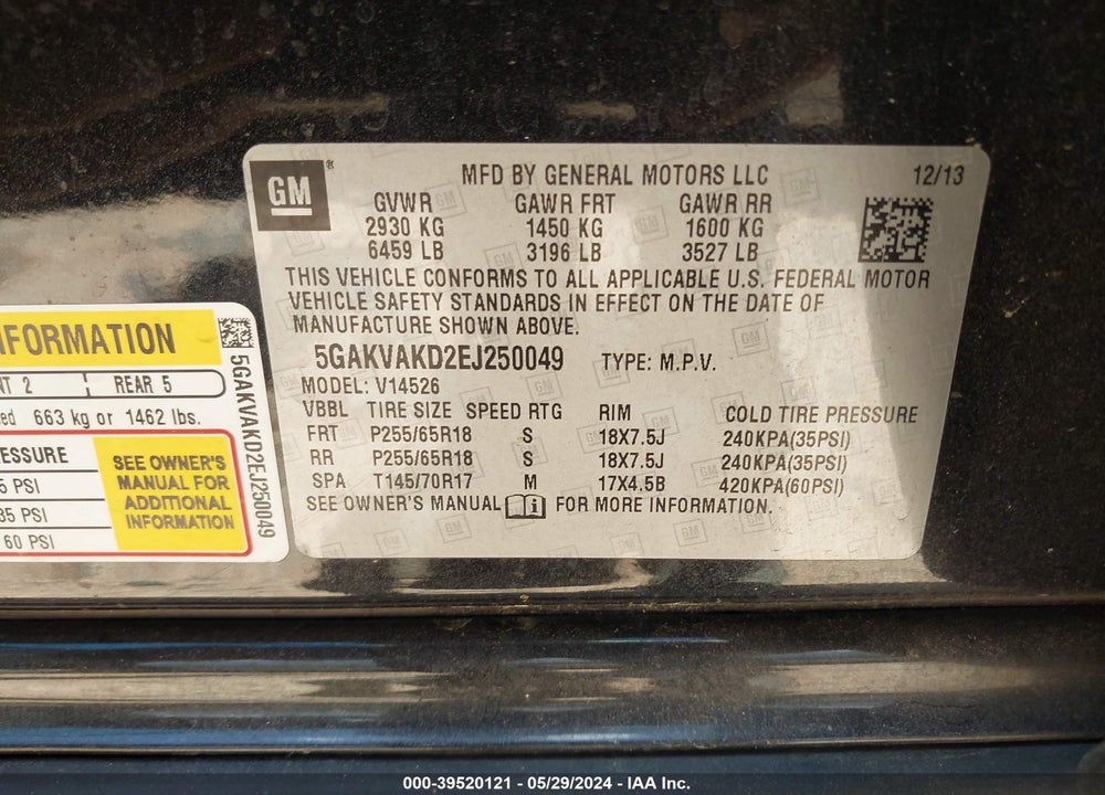 2014 BUICK ENCLAVE CONVENIENCE VIN: 5GAKVAKD2EJ250049