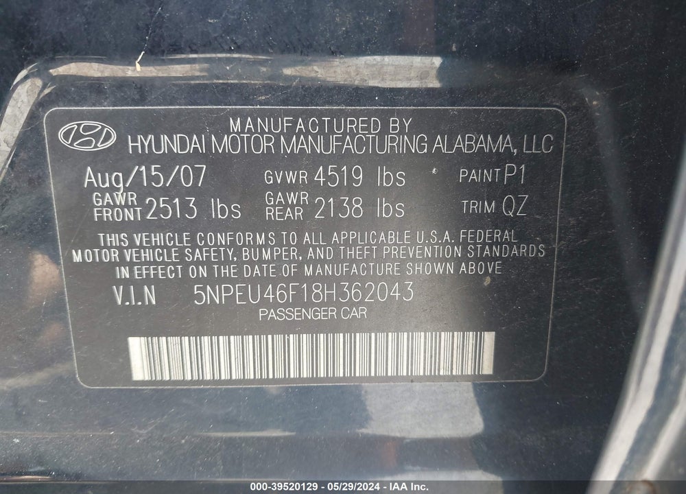 2008 HYUNDAI SONATA LIMITED V6/SE V6 VIN: 5NPEU46F18H362043