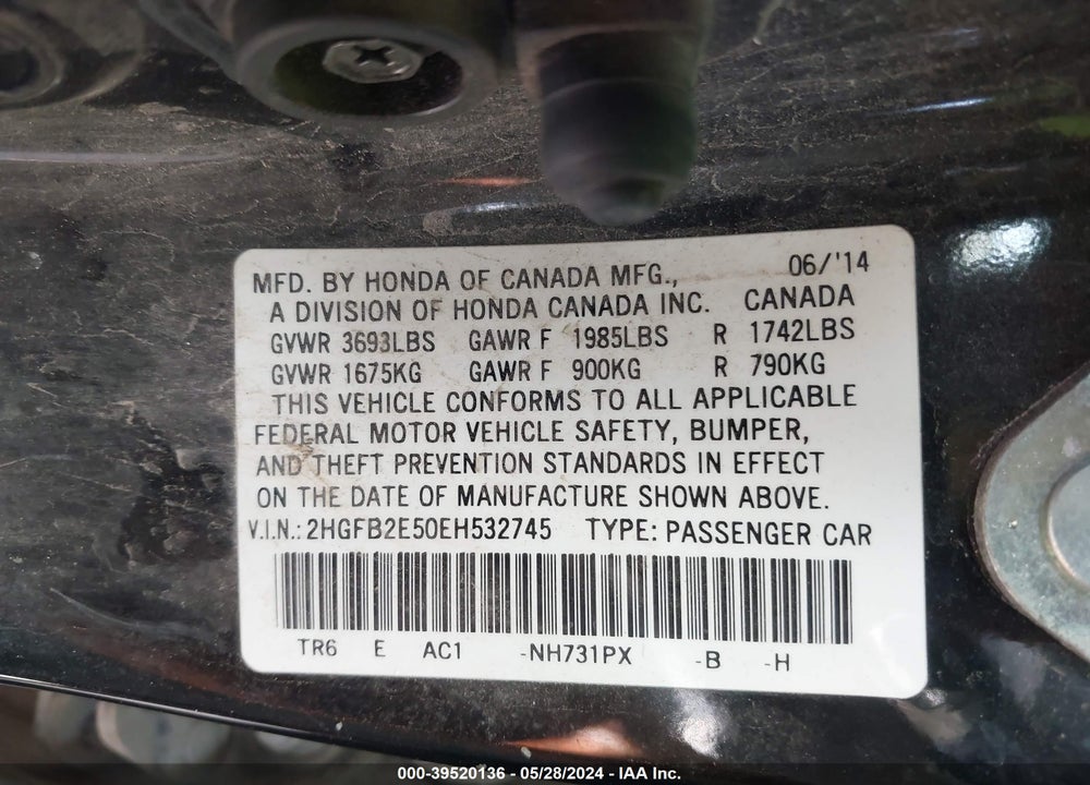 2014 HONDA CIVIC LX VIN: 2HGFB2E50EH532745
