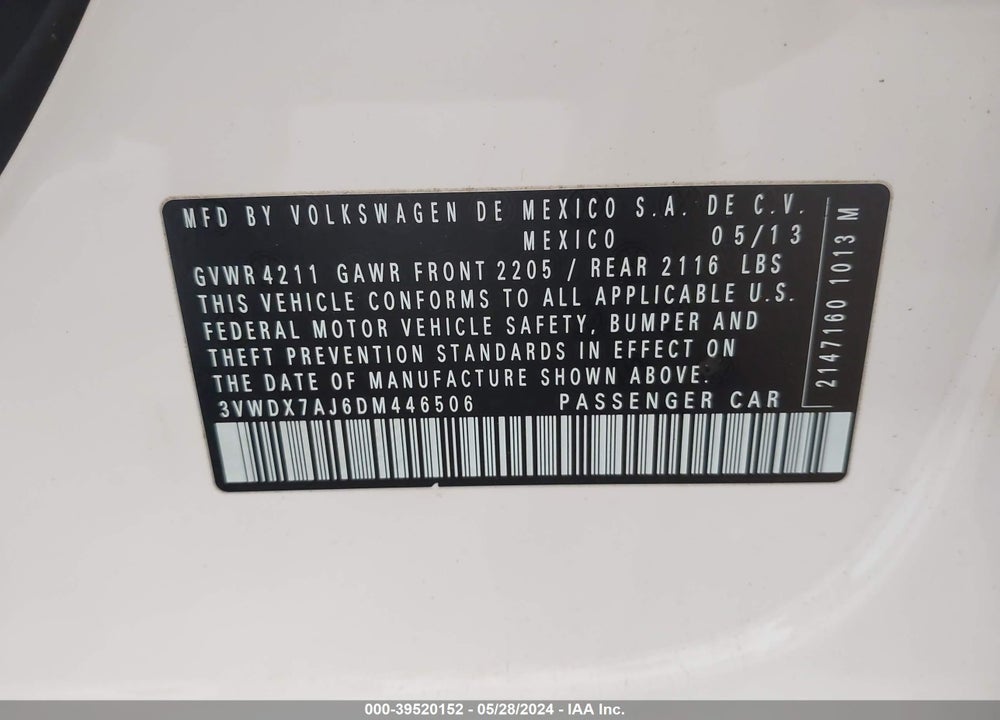 2013 VOLKSWAGEN JETTA 2.5L SE VIN: 3VWDX7AJ6DM446506