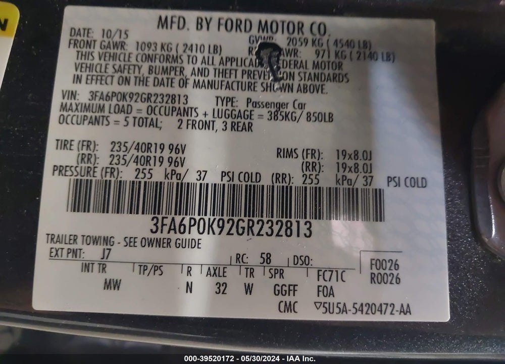2016 FORD FUSION TITANIUM VIN: 3FA6P0K92GR232813