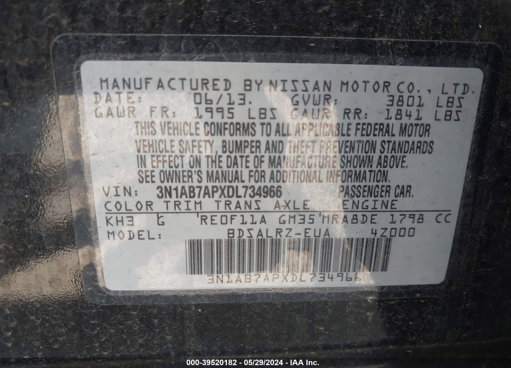 2013 NISSAN SENTRA SR VIN: 3N1AB7APXDL734966