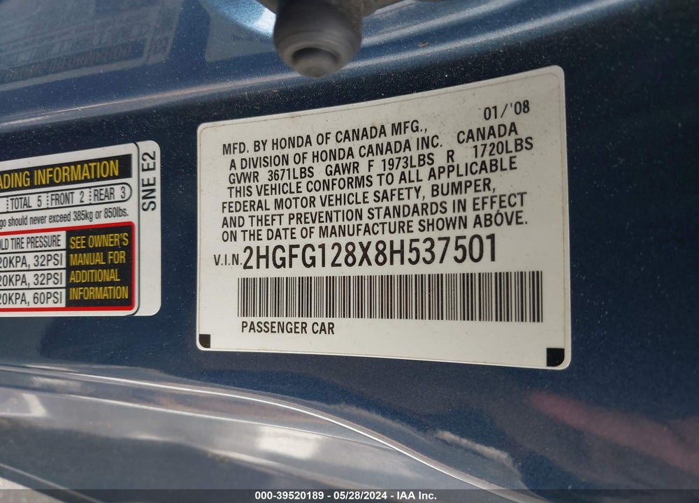 2008 HONDA CIVIC EX VIN: 2HGFG128X8H537501
