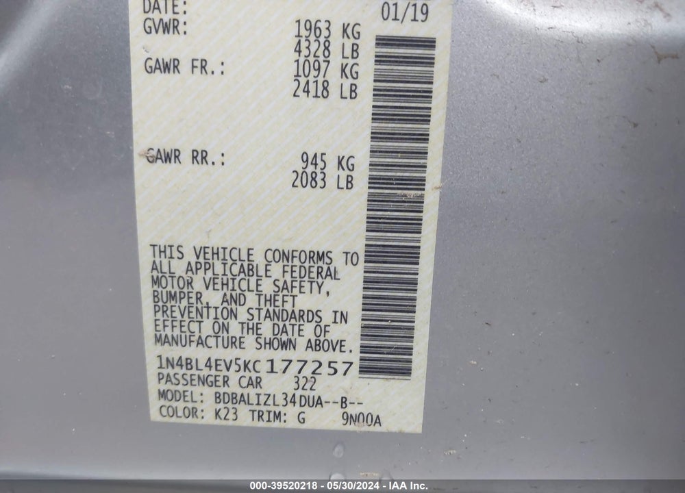 2019 NISSAN ALTIMA VIN: 1N4BL4EV5KC177257
