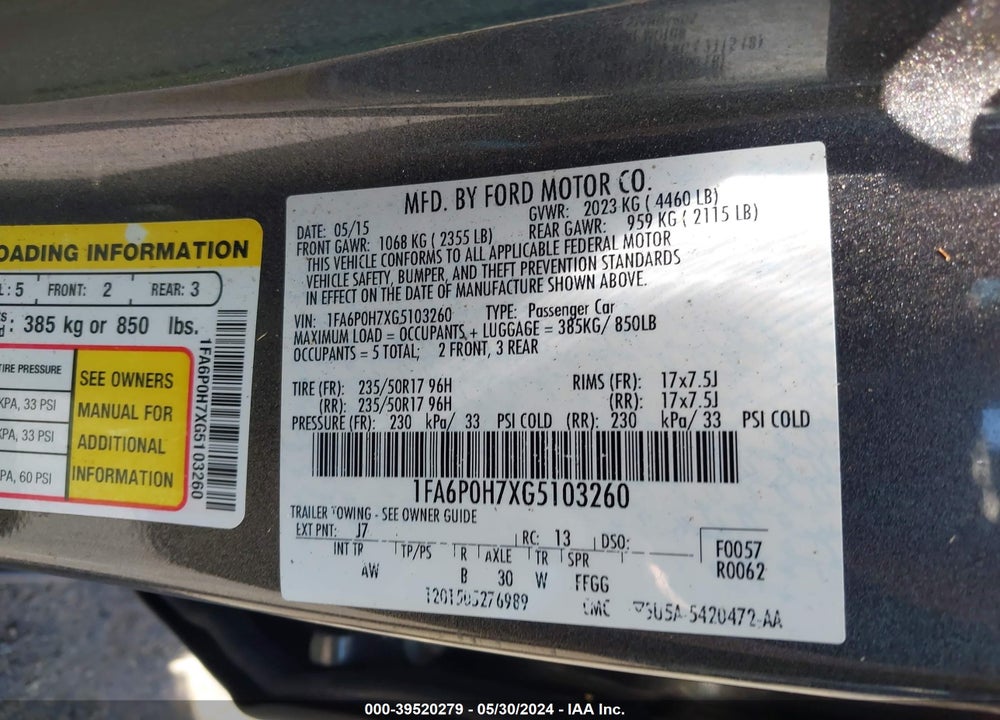2016 FORD FUSION SE VIN: 1FA6P0H7XG5103260