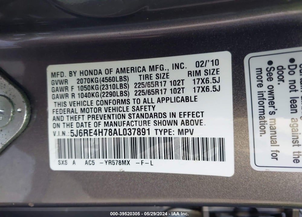 2010 HONDA CR-V EX-L VIN: 5J6RE4H78AL037891