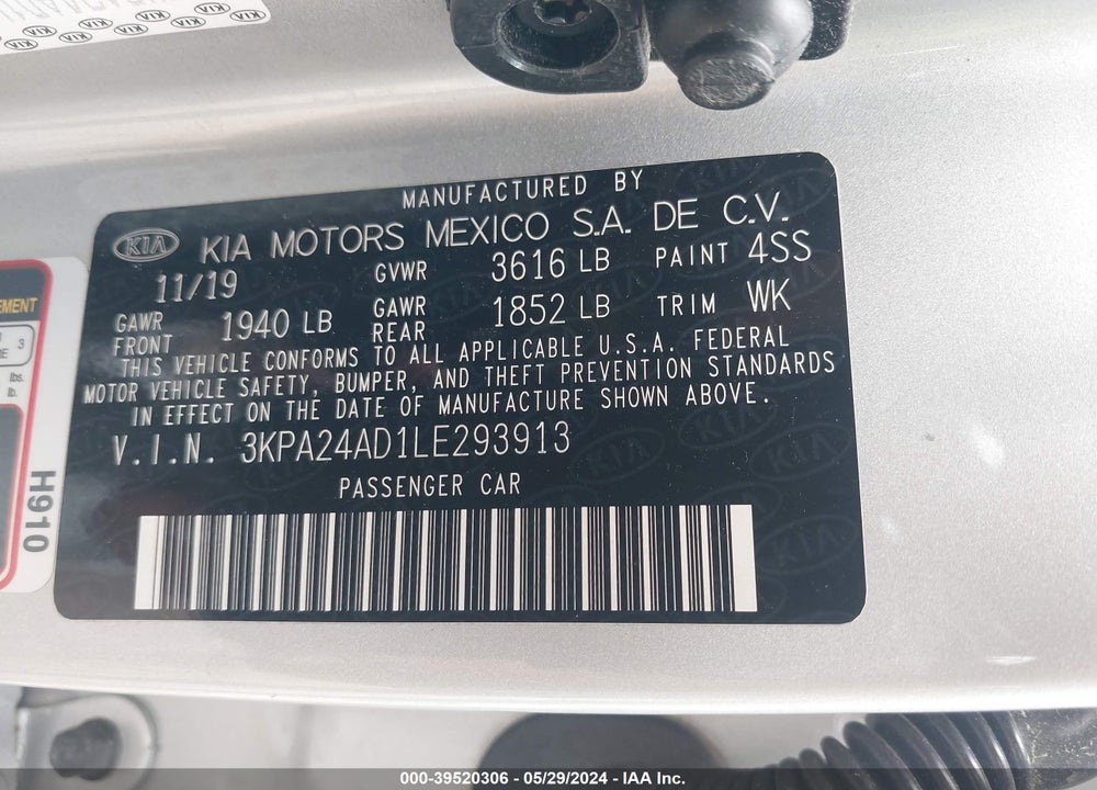 2020 KIA RIO LX VIN: 3KPA24AD1LE293913