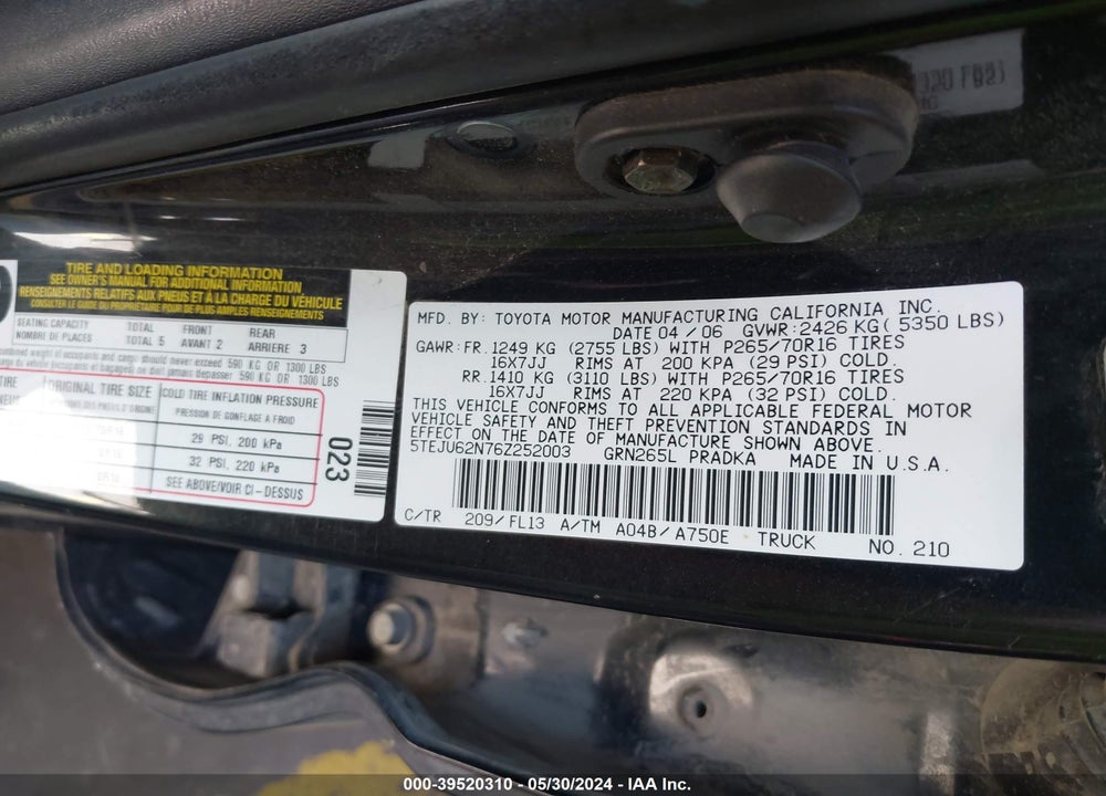 2006 TOYOTA TACOMA PRERUNNER V6 VIN: 5TEJU62N76Z252003