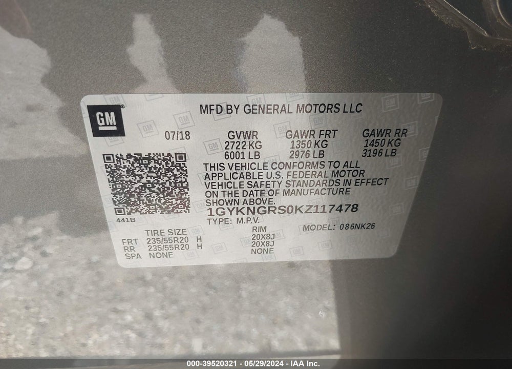 2019 CADILLAC XT5 PLATINUM VIN: 1GYKNGRS0KZ117478