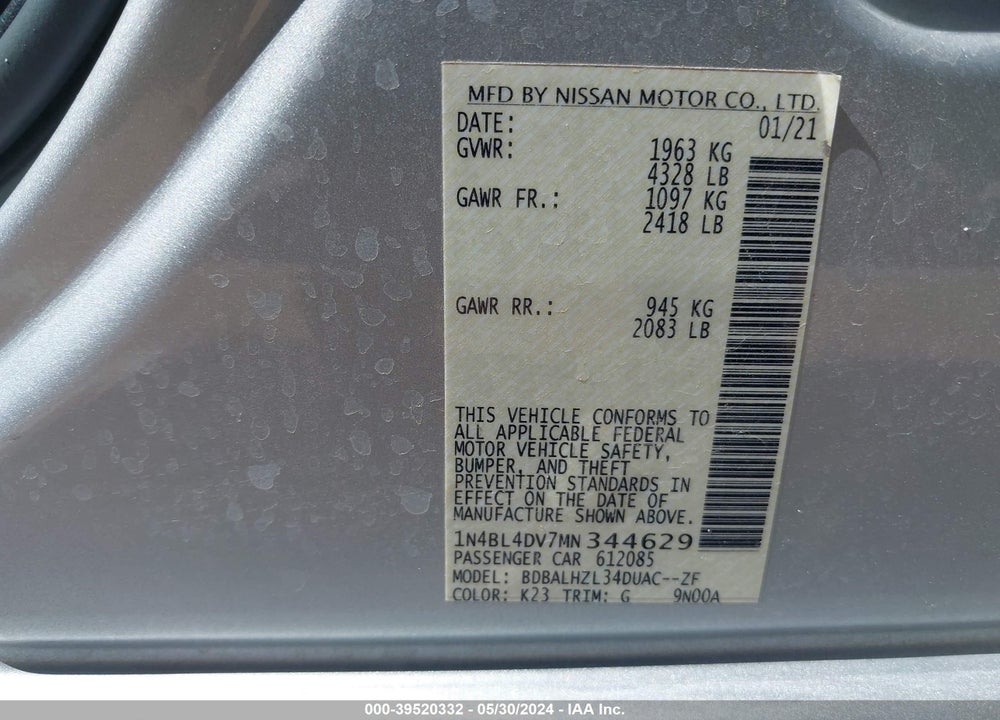 2021 NISSAN ALTIMA SV FWD VIN: 1N4BL4DV7MN344629