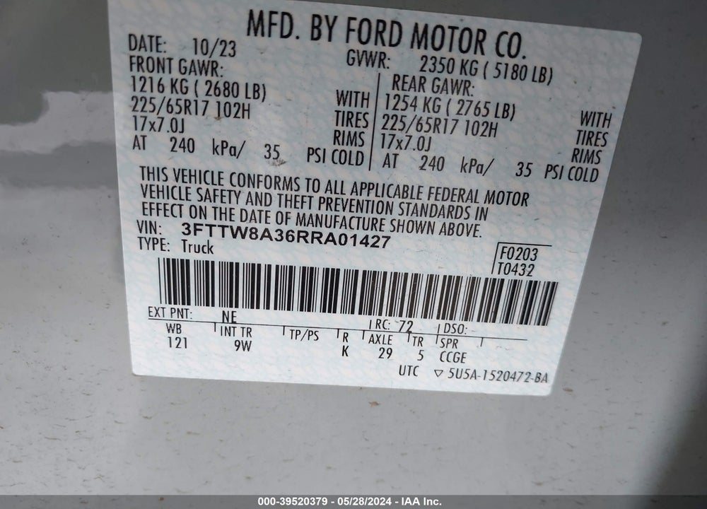 2024 FORD MAVERICK XL VIN: 3FTTW8A36RRA01427