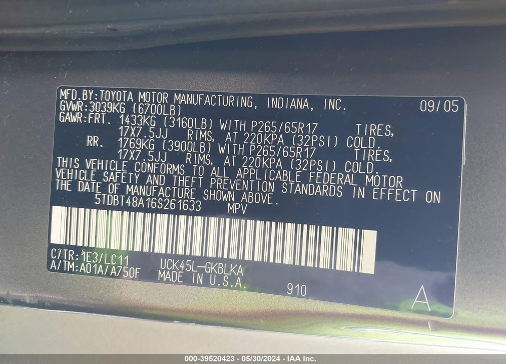 2006 TOYOTA SEQUOIA LIMITED V8 VIN: 5TDBT48A16S261633