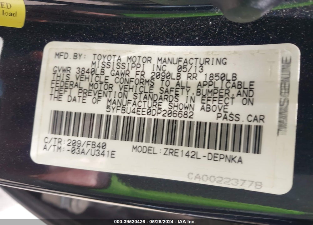 2013 TOYOTA COROLLA VIN: 5YFBU4EE0DP206682
