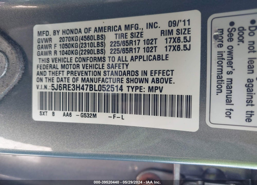 2011 HONDA CR-V SE VIN: 5J6RE3H47BL052514