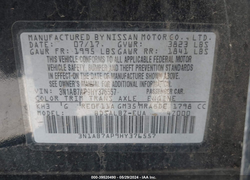 2017 NISSAN SENTRA S VIN: 3N1AB7AP9HY376557