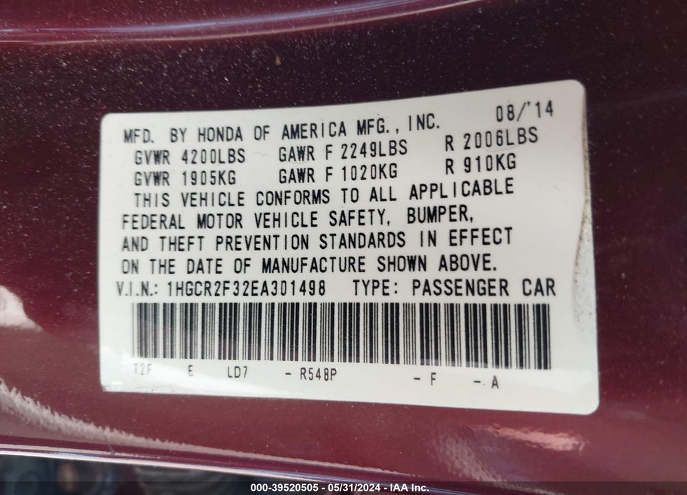 2014 HONDA ACCORD LX VIN: 1HGCR2F32EA301498