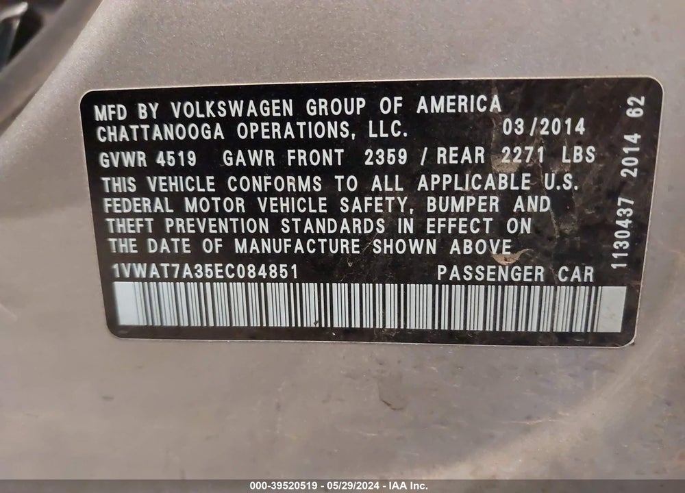 2014 VOLKSWAGEN PASSAT 1.8T WOLFSBURG EDITION VIN: 1VWAT7A35EC084851