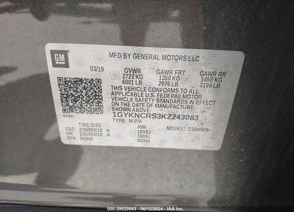 2019 CADILLAC XT5 LUXURY VIN: 1GYKNCRS3KZ243083