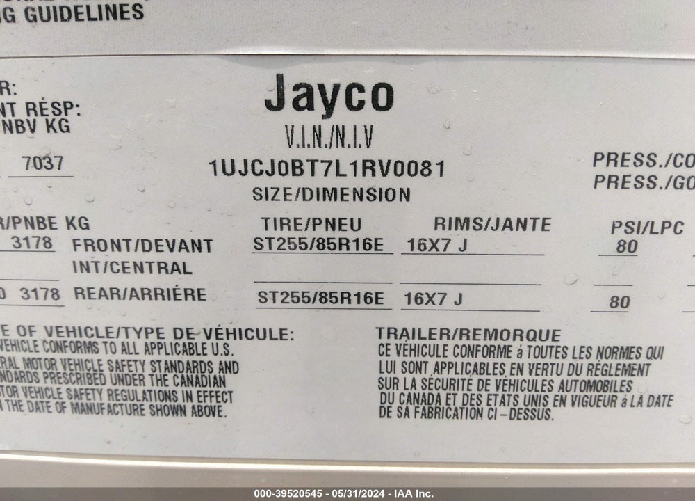 2020 JAYCO PINNACLE 32RLTS VIN: 1UJCJ0BT7L1RV0081