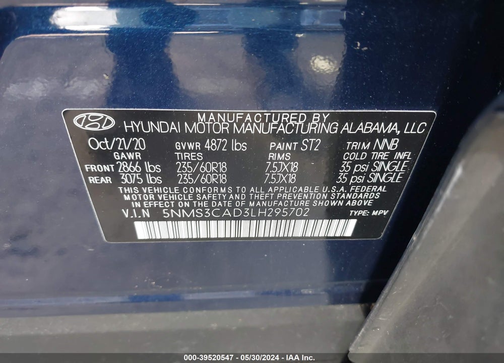 2020 HYUNDAI SANTA FE SEL VIN: 5NMS3CAD3LH295702