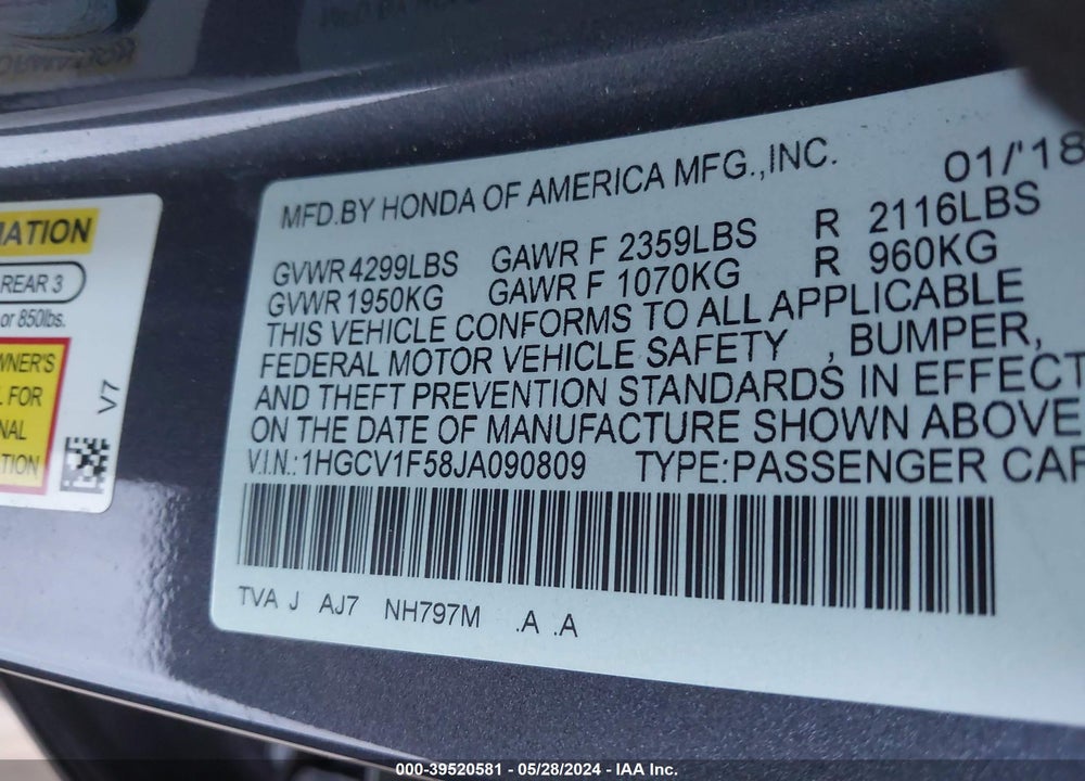 2018 HONDA ACCORD EX-L VIN: 1HGCV1F58JA090809