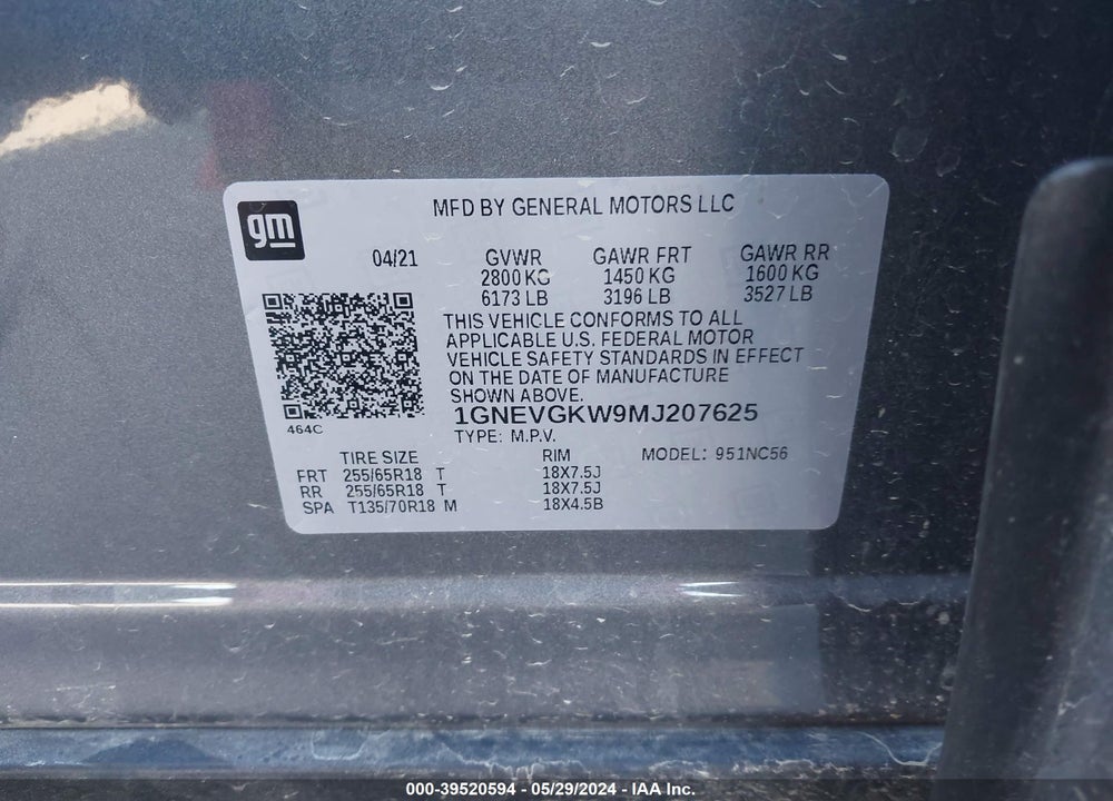 2021 CHEVROLET TRAVERSE AWD LT CLOTH VIN: 1GNEVGKW9MJ207625
