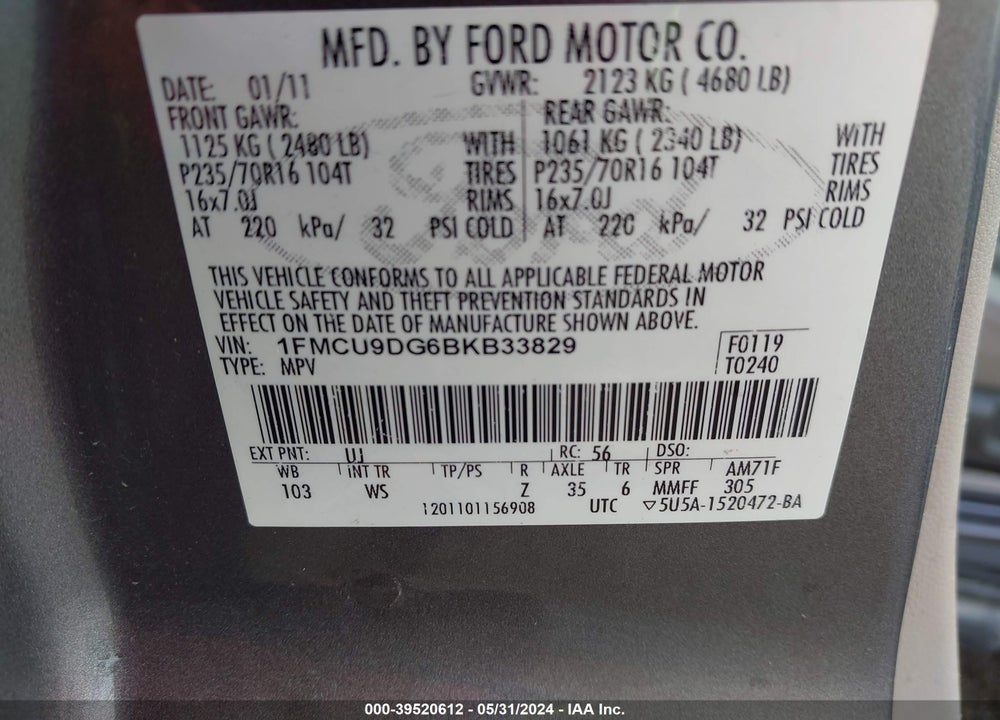 2011 FORD ESCAPE XLT VIN: 1FMCU9DG6BKB33829