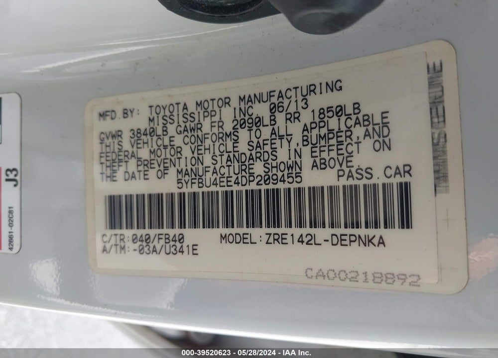 2013 TOYOTA COROLLA LE VIN: 5YFBU4EE4DP209455