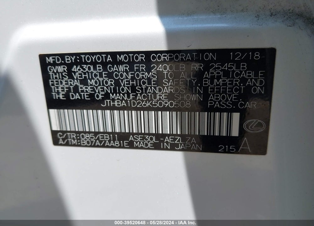 2019 LEXUS IS 300 VIN: JTHBA1D26K5090508