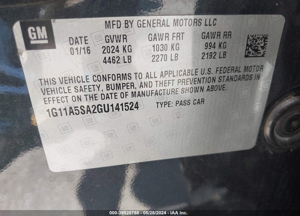 2016 CHEVROLET MALIBU LIMITED 1FL VIN: 1G11A5SA2GU141524