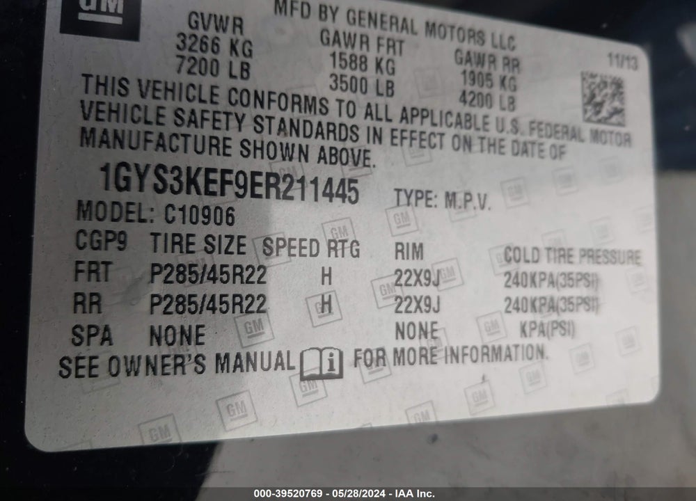 2014 CADILLAC ESCALADE ESV PLATINUM EDITION VIN: 1GYS3KEF9ER211445