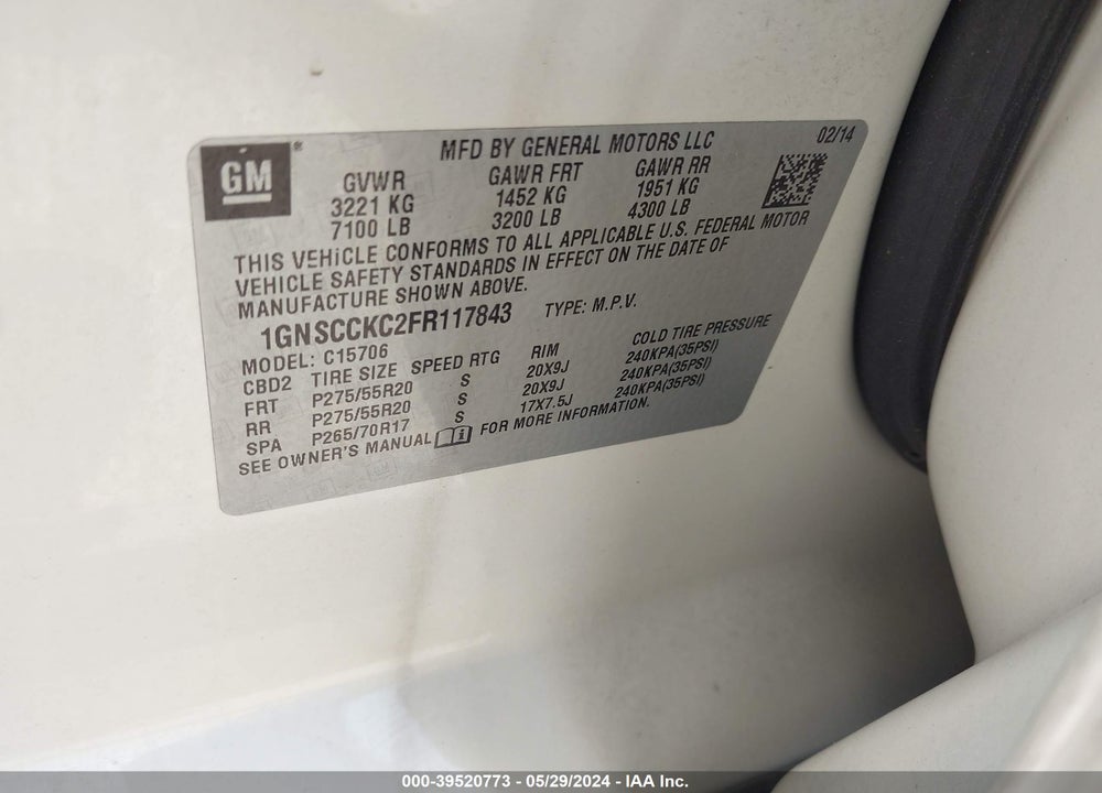 2015 CHEVROLET TAHOE LTZ VIN: 1GNSCCKC2FR117843
