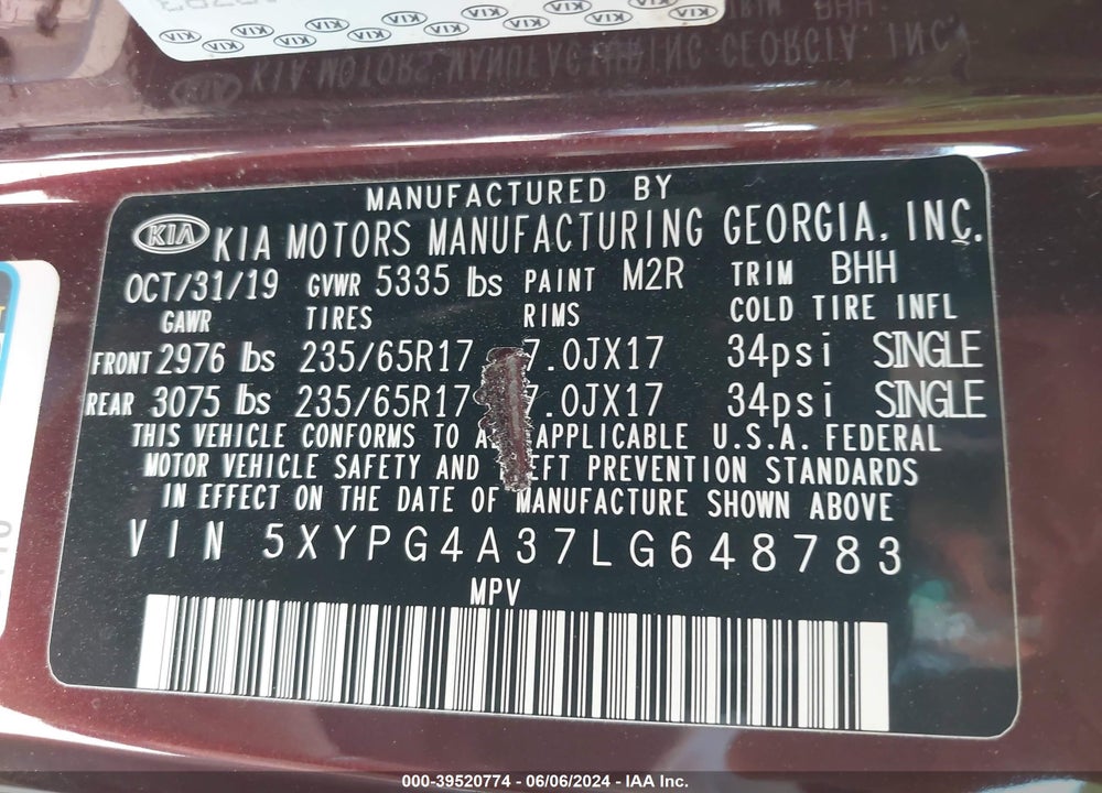 2020 KIA SORENTO 2.4L LX VIN: 5XYPG4A37LG648783
