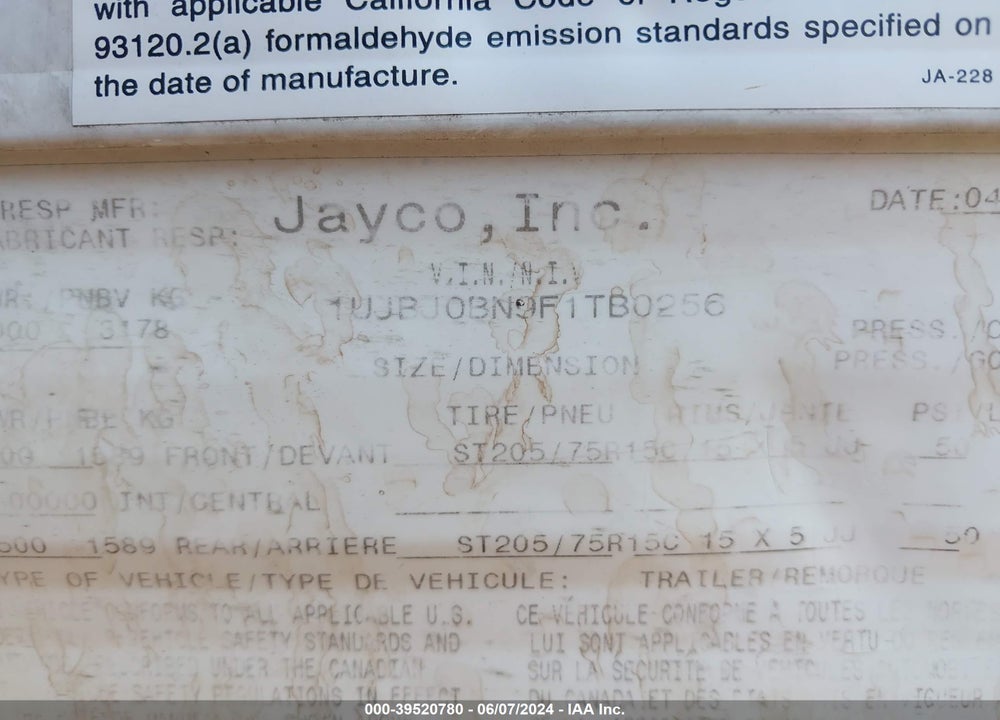 2012 OTHER JAYCO VIN: 1UJBJ0BN9F1TB0256