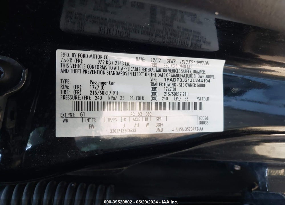 2018 FORD FOCUS TITANIUM VIN: 1FADP3J21JL244194