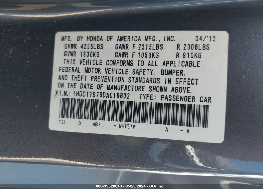 2013 HONDA ACCORD EX VIN: 1HGCT1B76DA018802