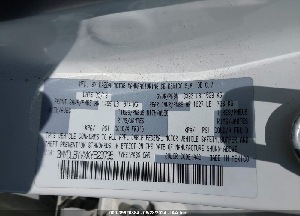 2019 TOYOTA YARIS LE VIN: 3MYDLBYVXKY523735