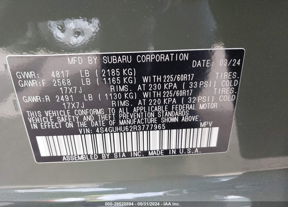 2024 SUBARU CROSSTREK WILDERNESS VIN: 4S4GUHU62R3777965