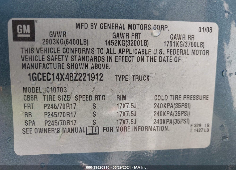 2008 CHEVROLET SILVERADO 1500 WORK TRUCK VIN: 1GCEC14X48Z221912