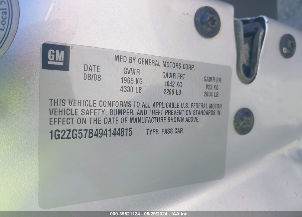 2009 PONTIAC G6 VIN: 1G2ZG57B494144815