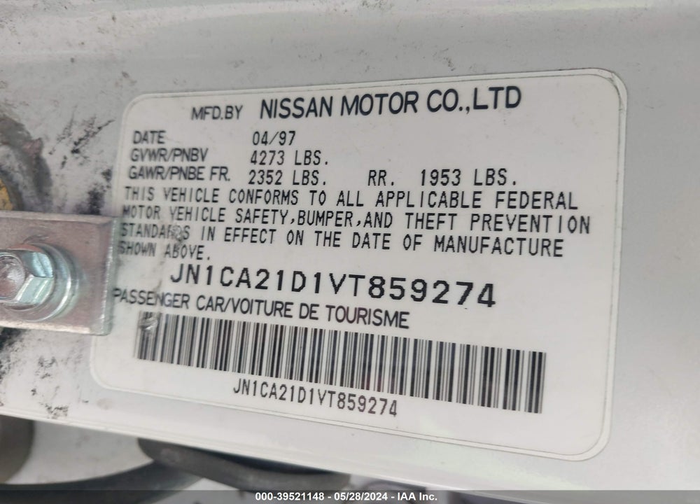 1997 NISSAN MAXIMA GLE/GXE/SE VIN: JN1CA21D1VT859274