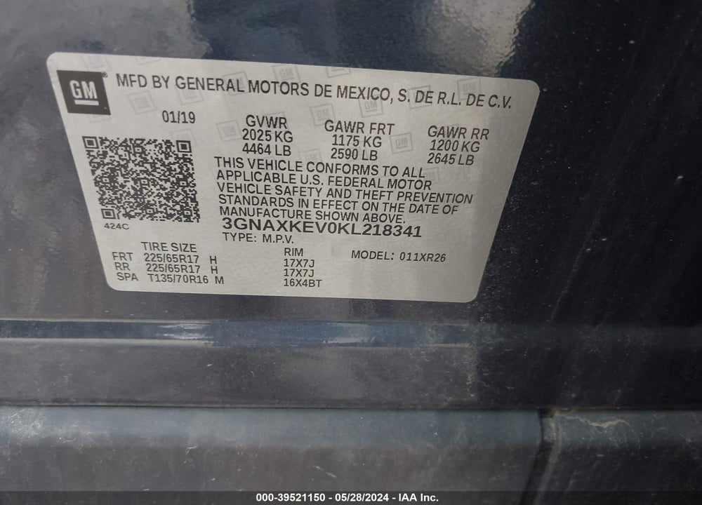 2019 CHEVROLET EQUINOX LT VIN: 3GNAXKEV0KL218341