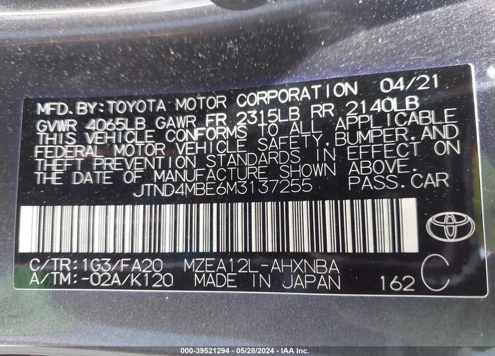 2021 TOYOTA COROLLA SE VIN: JTND4MBE6M3137255
