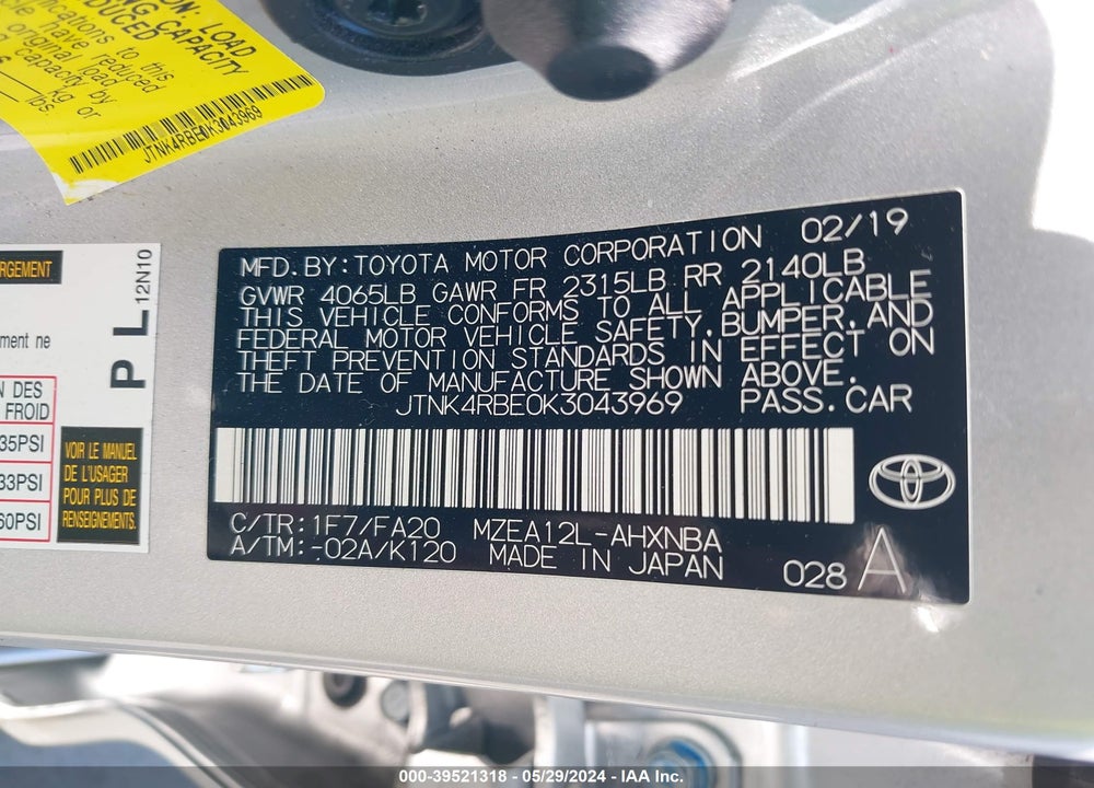 2019 TOYOTA COROLLA SE VIN: JTNK4RBE0K3043969
