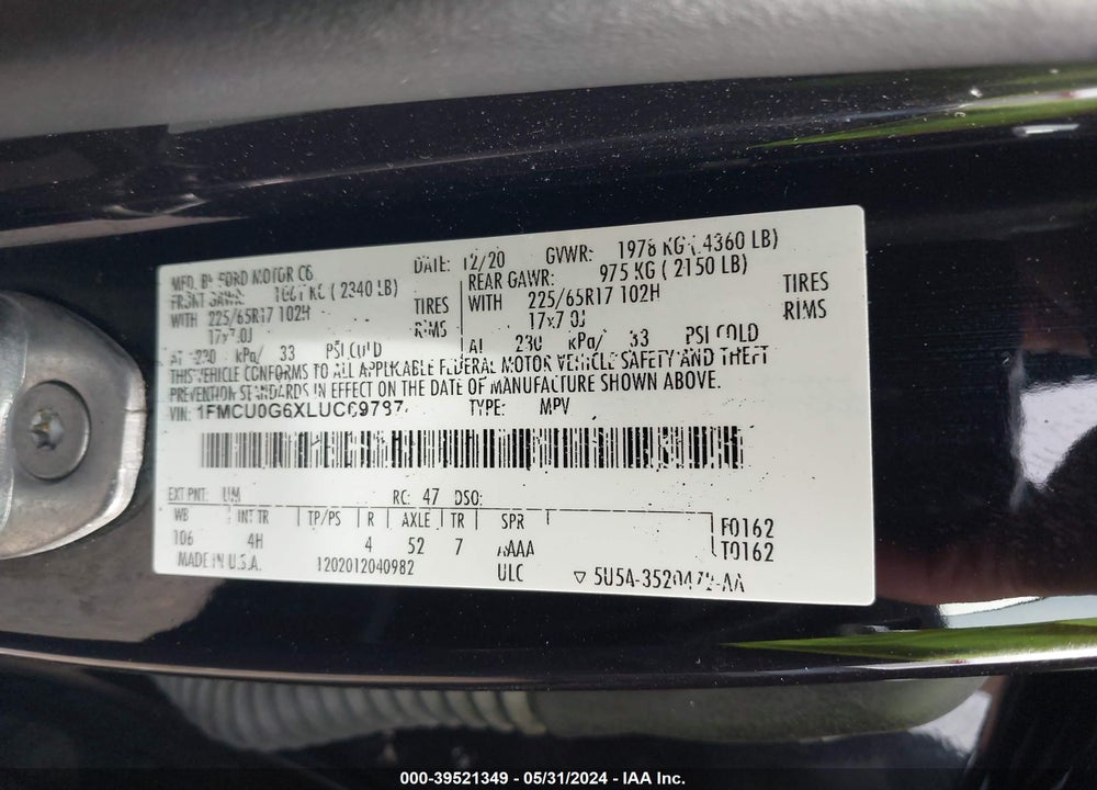 2020 FORD ESCAPE SE VIN: 1FMCU0G6XLUC69787