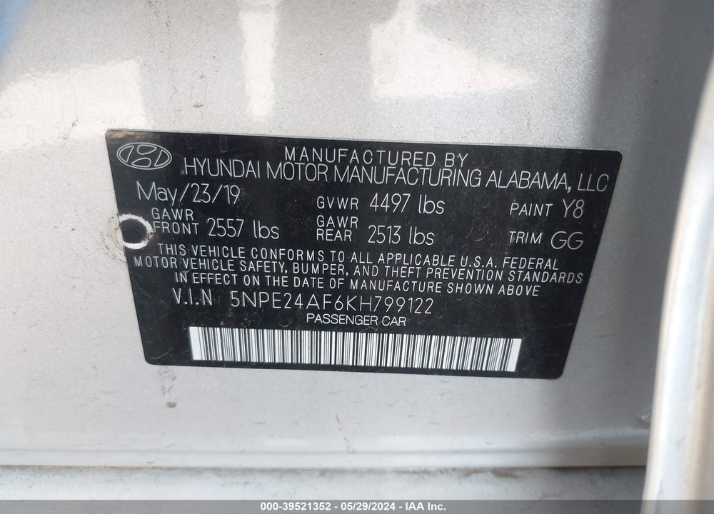 2019 HYUNDAI SONATA SE VIN: 5NPE24AF6KH799122